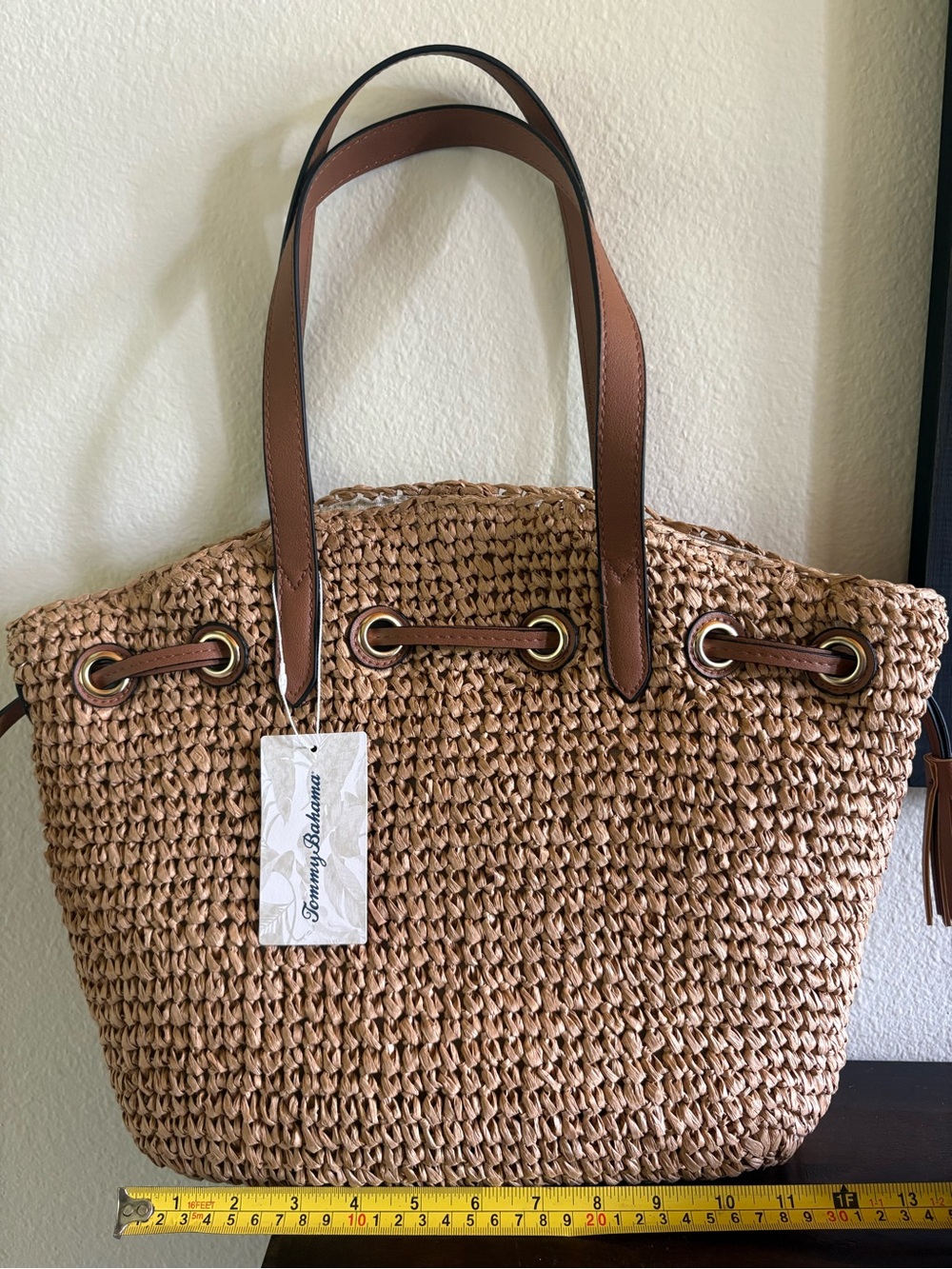 Tommy Bahama Tan Woven Straw Tote with Brown Leather Handles